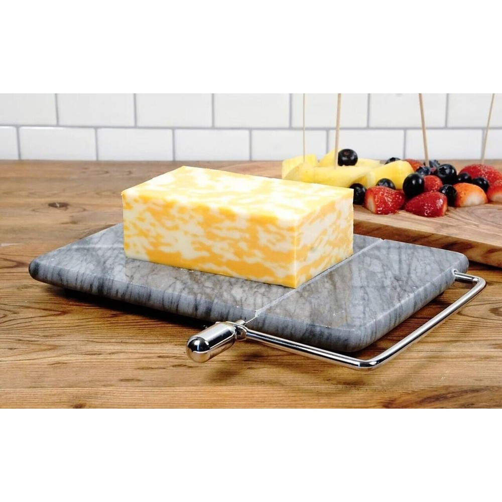 RSVP Natural Grey Marble Cheese Slicer Board 8”x5” Stainless Steel Wire Cutter - Picture 3 of 8